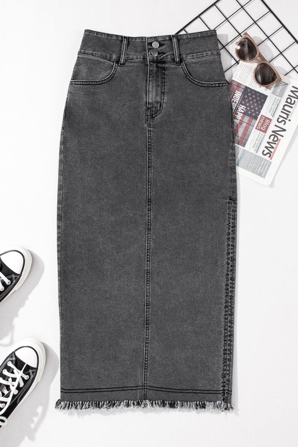 Black Raw Denim Skirt