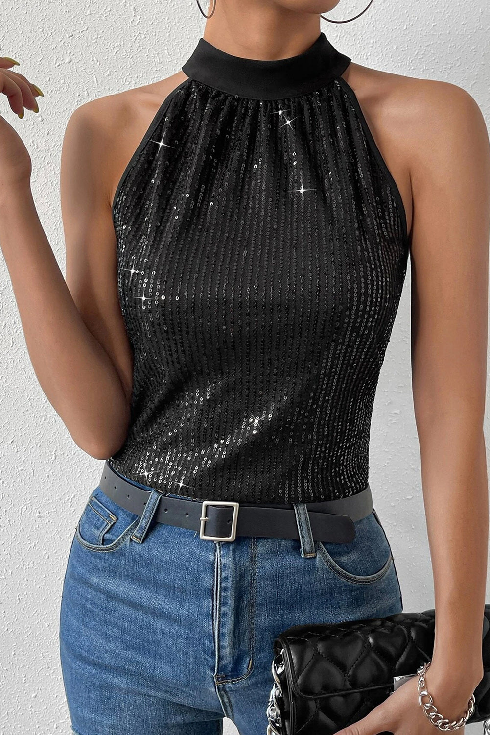 Black Keyhole Sequin Top