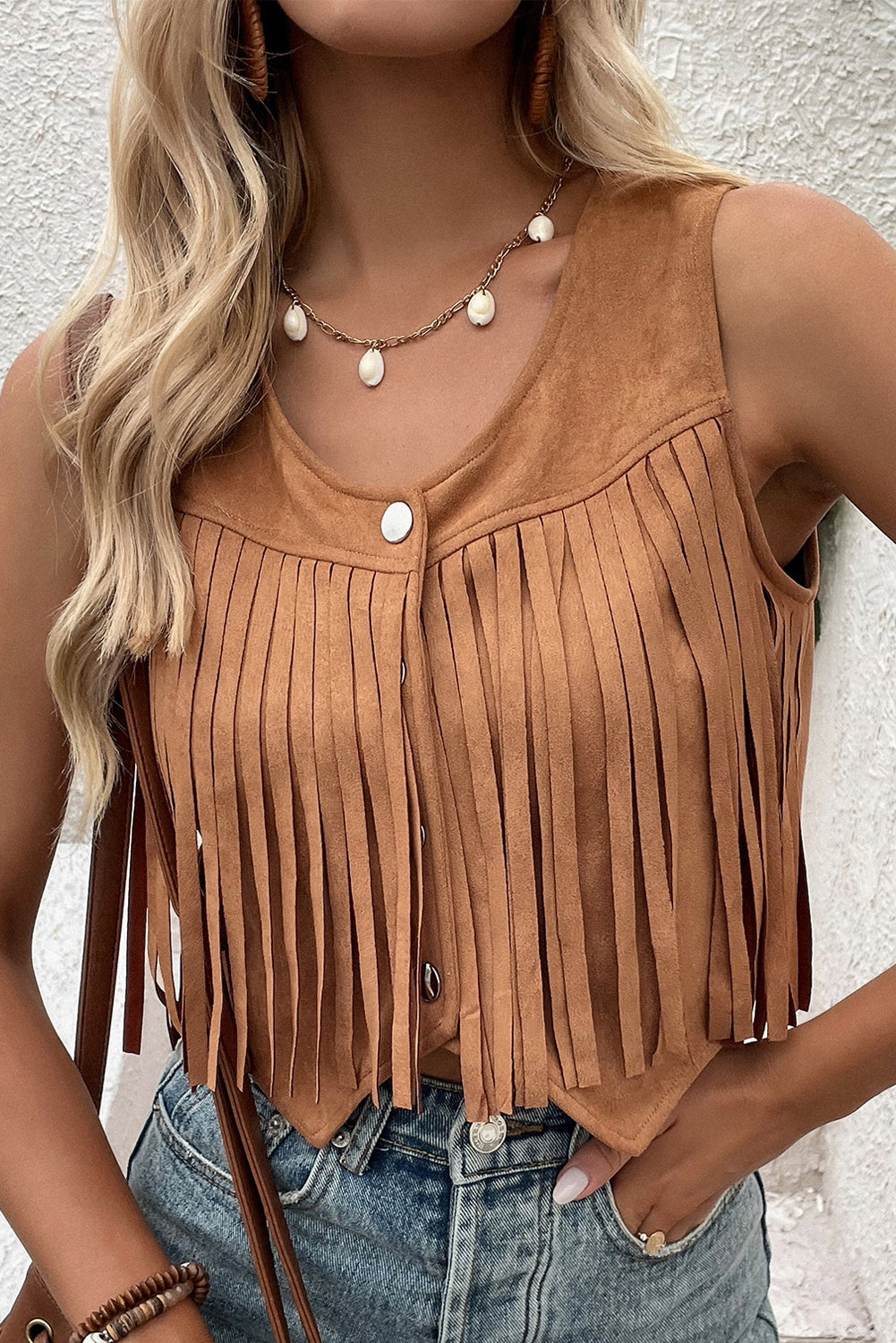 Camel Fringed Cropped Vest