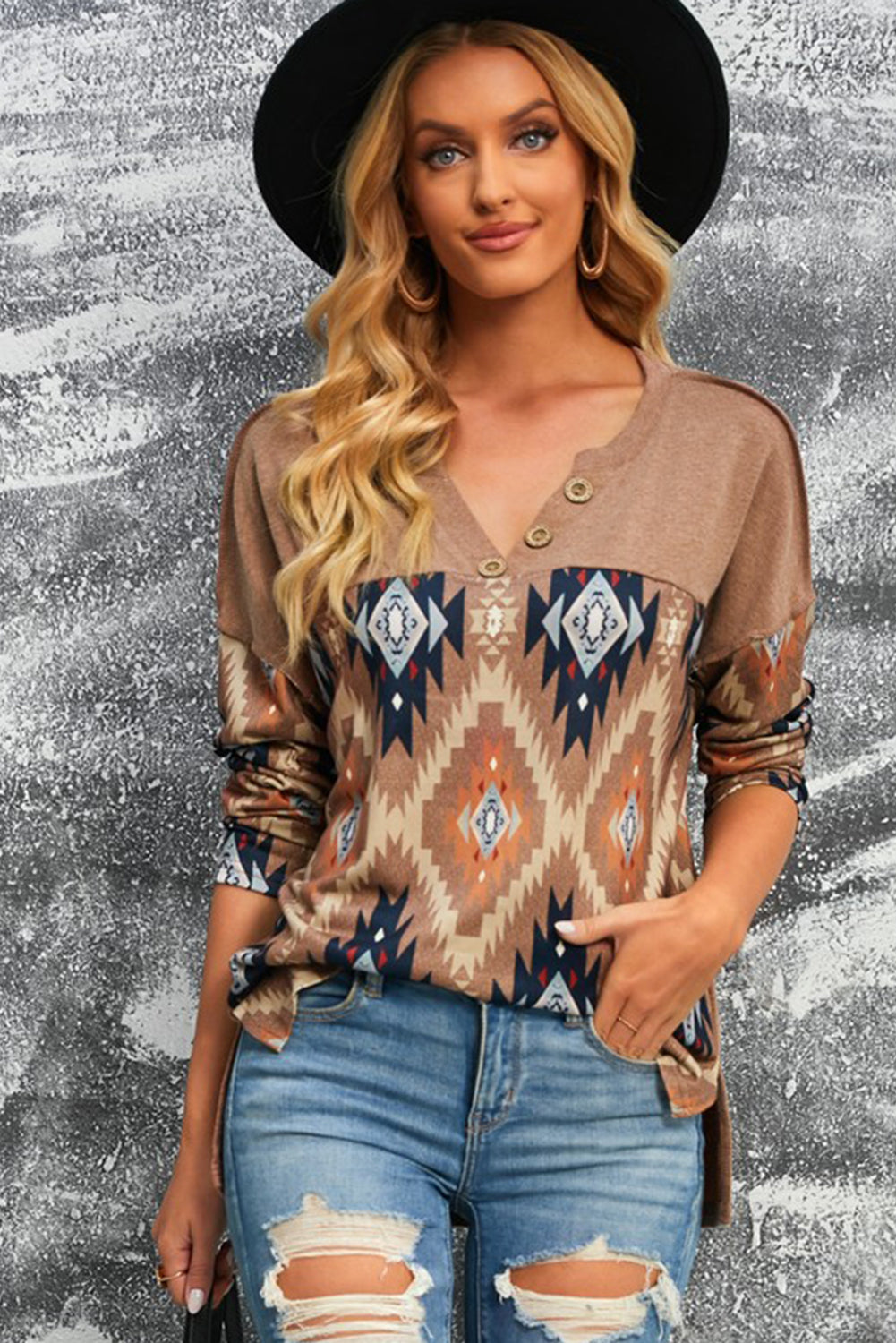 Brown Geometric Long Sleeve Top