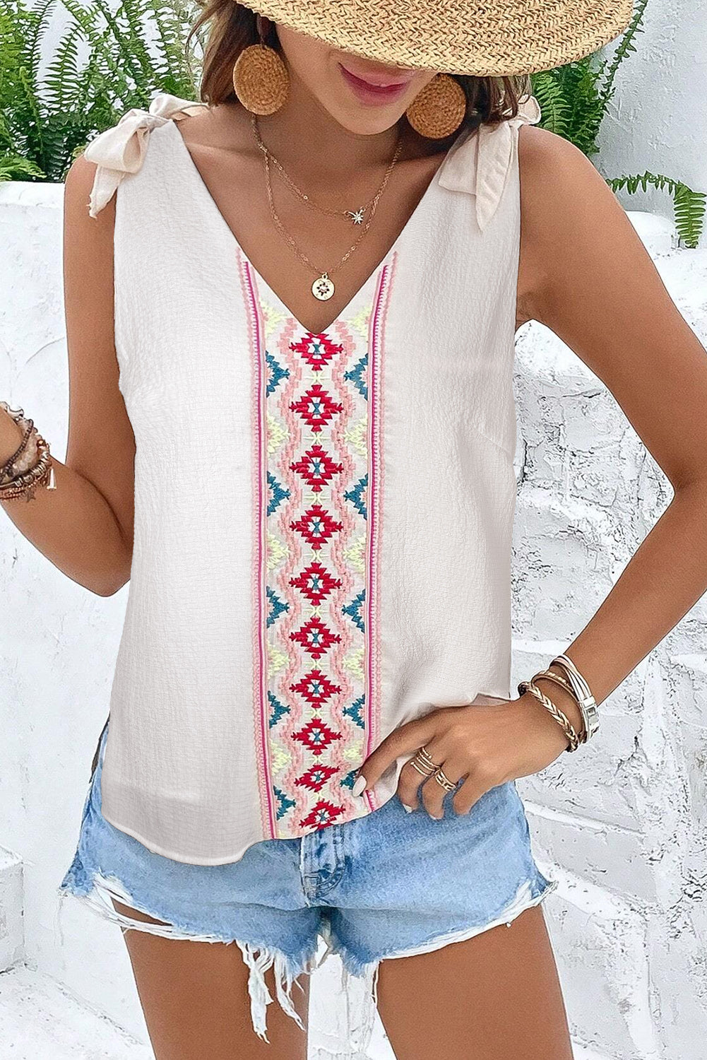 Embroidered V-Neck Knot Sleeveless Shirt