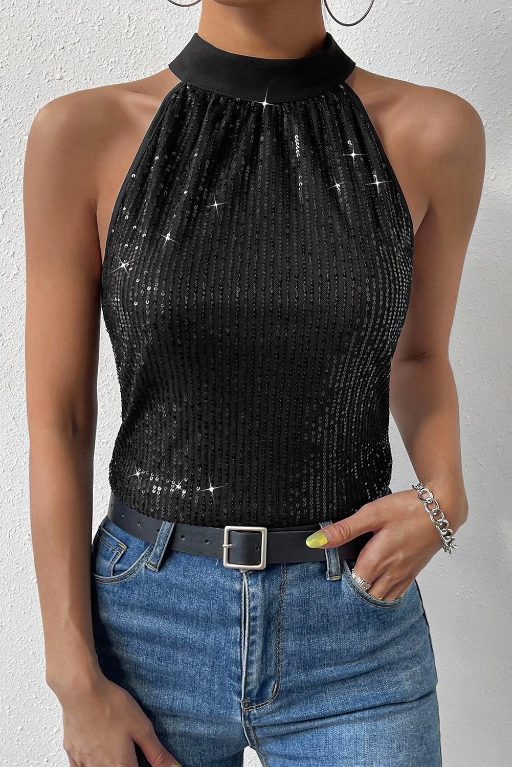 Black Keyhole Sequin Top