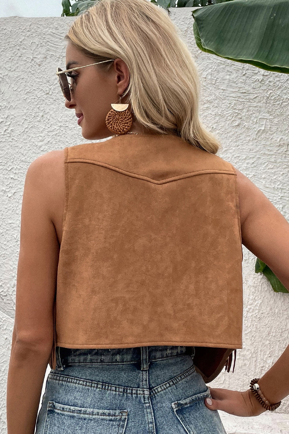 Camel Fringed Cropped Vest