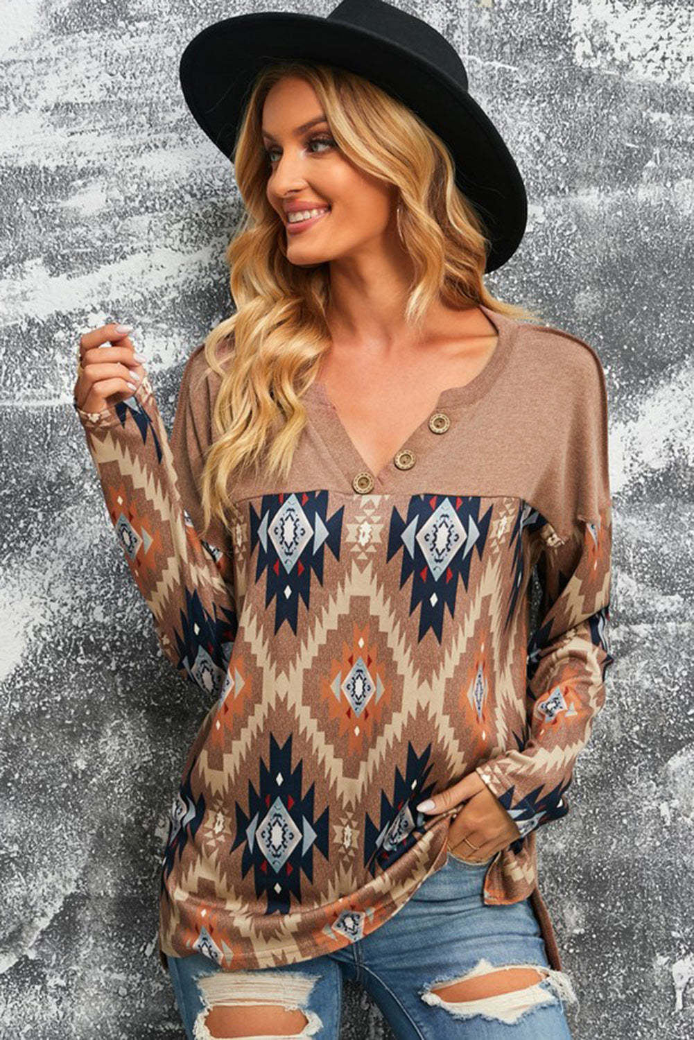 Brown Geometric Long Sleeve Top