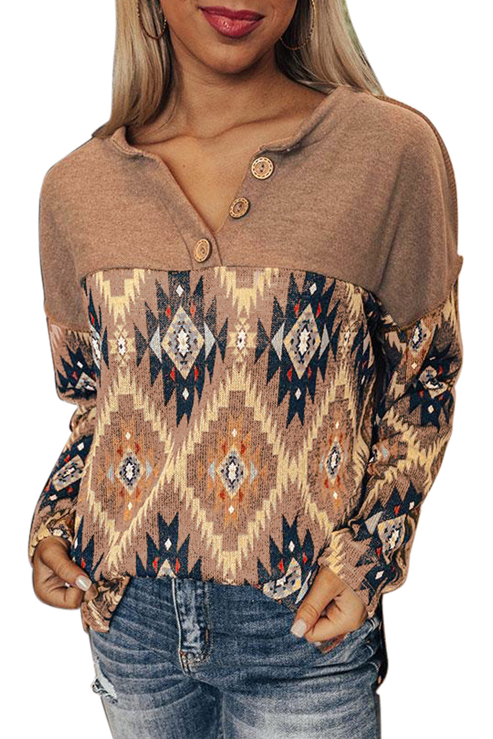 Brown Geometric Long Sleeve Top