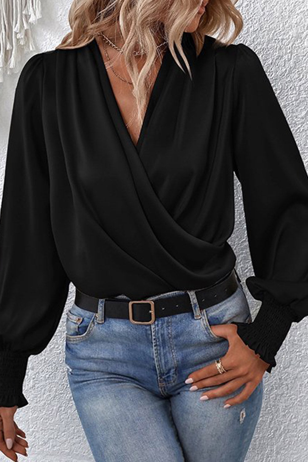 Drape V Neck Long Sleeve Blouse