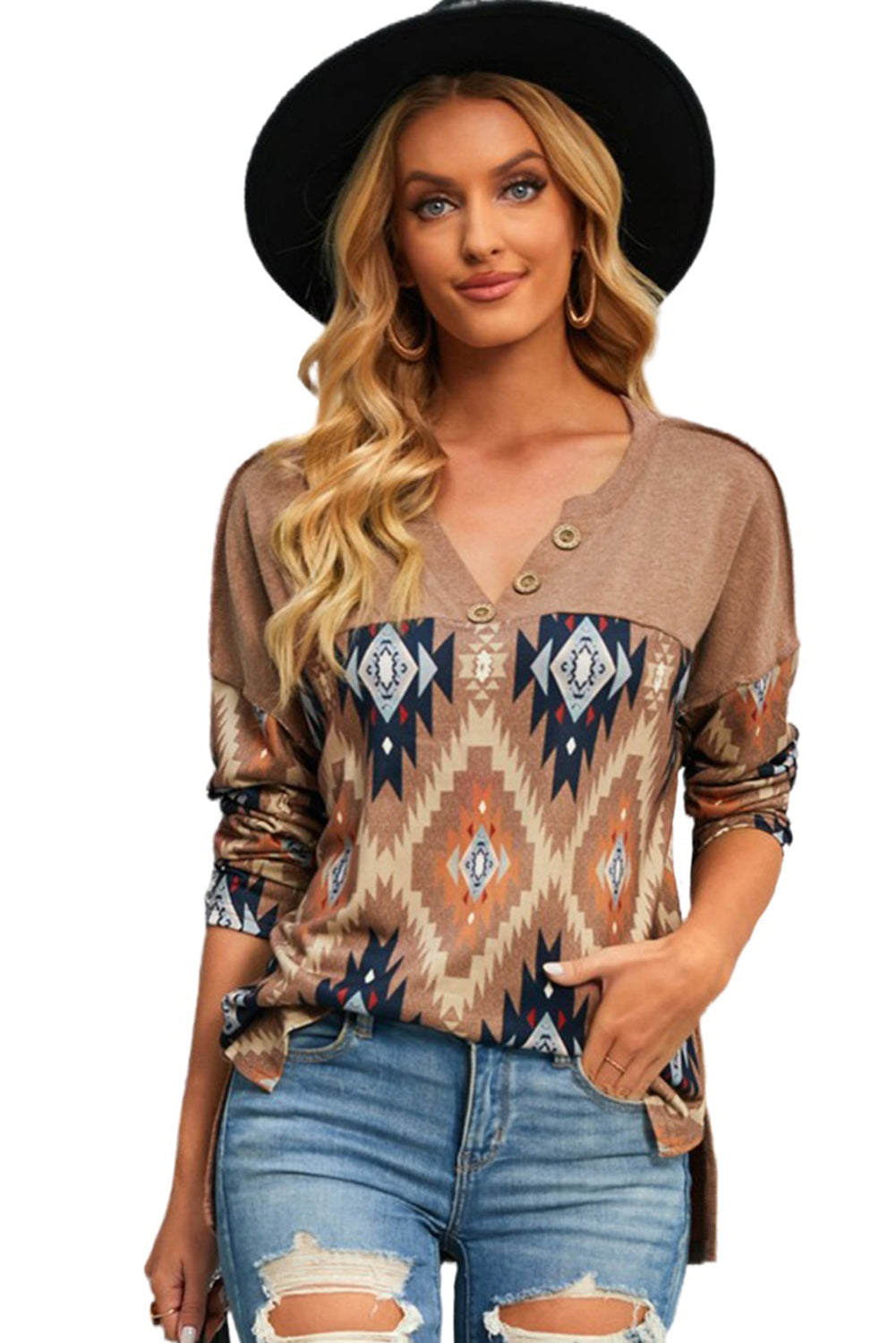 Brown Geometric Long Sleeve Top