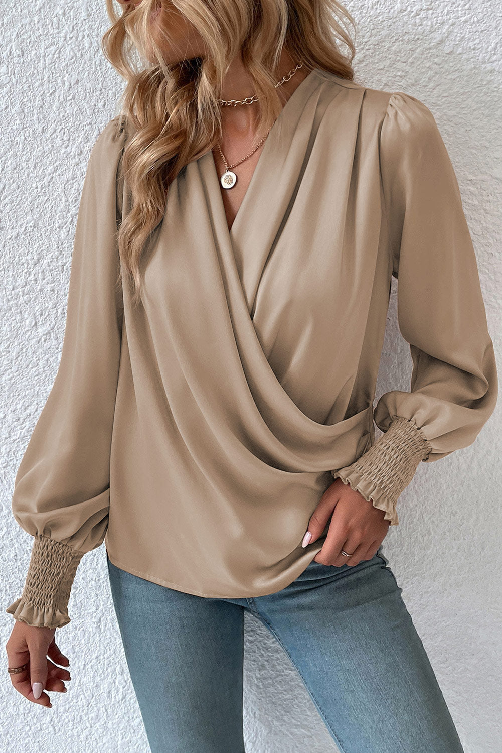 Drape V Neck Long Sleeve Blouse