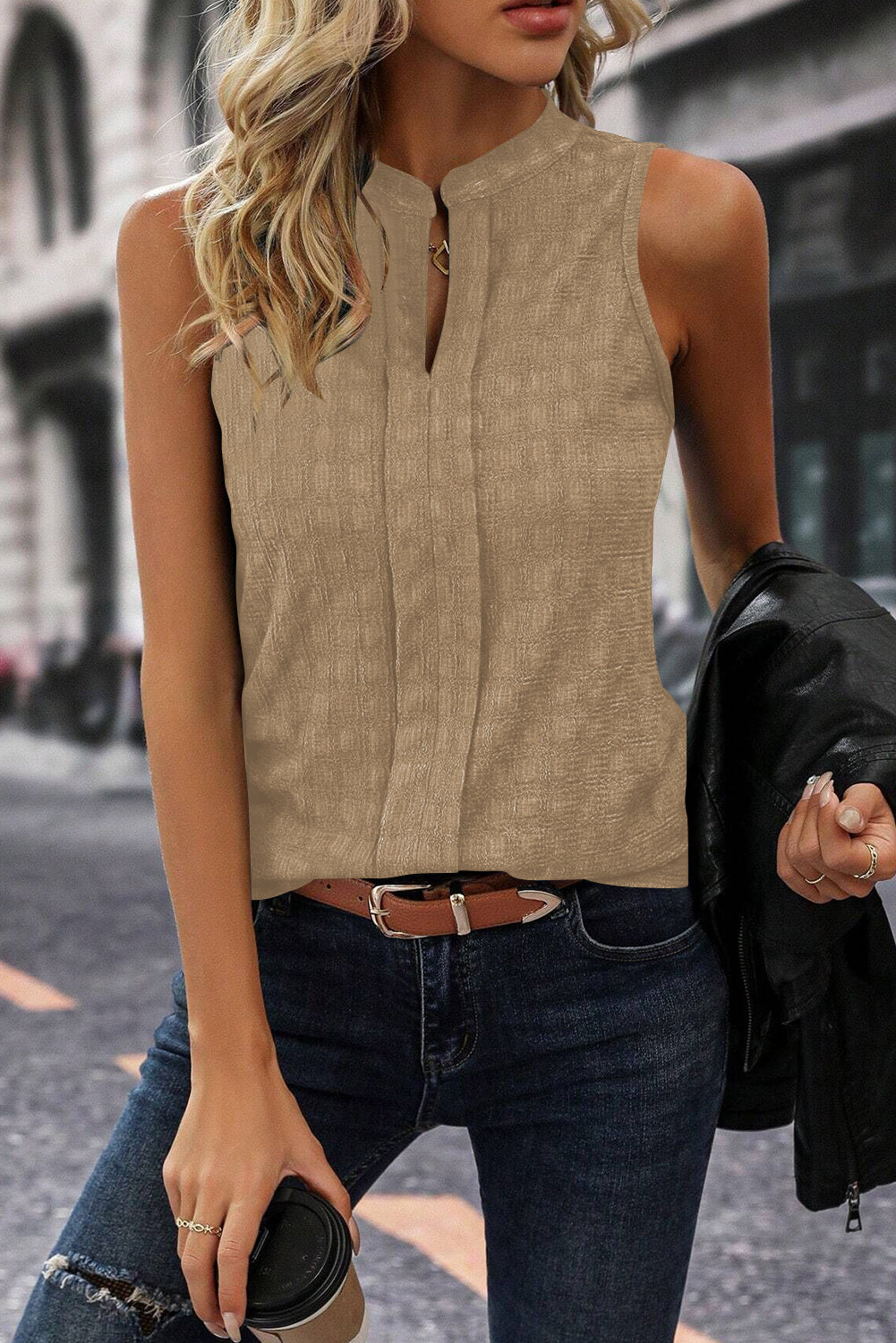 Split V Neck Sleeveless Top