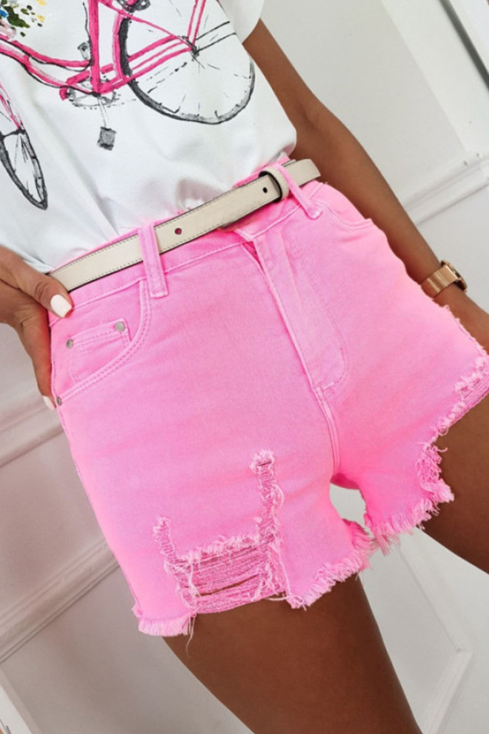 Pink Distressed Denim Shorts