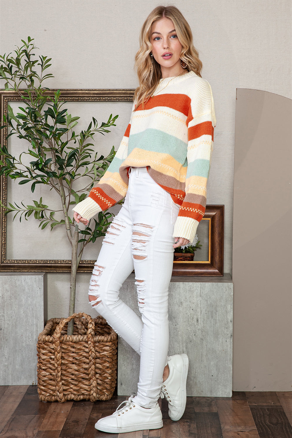 Crew Neck Drop Shoulder Knit Sweater