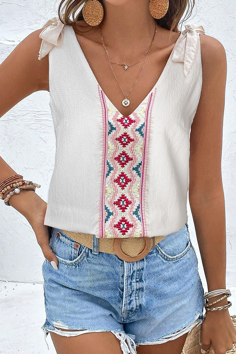 Embroidered V-Neck Knot Sleeveless Shirt