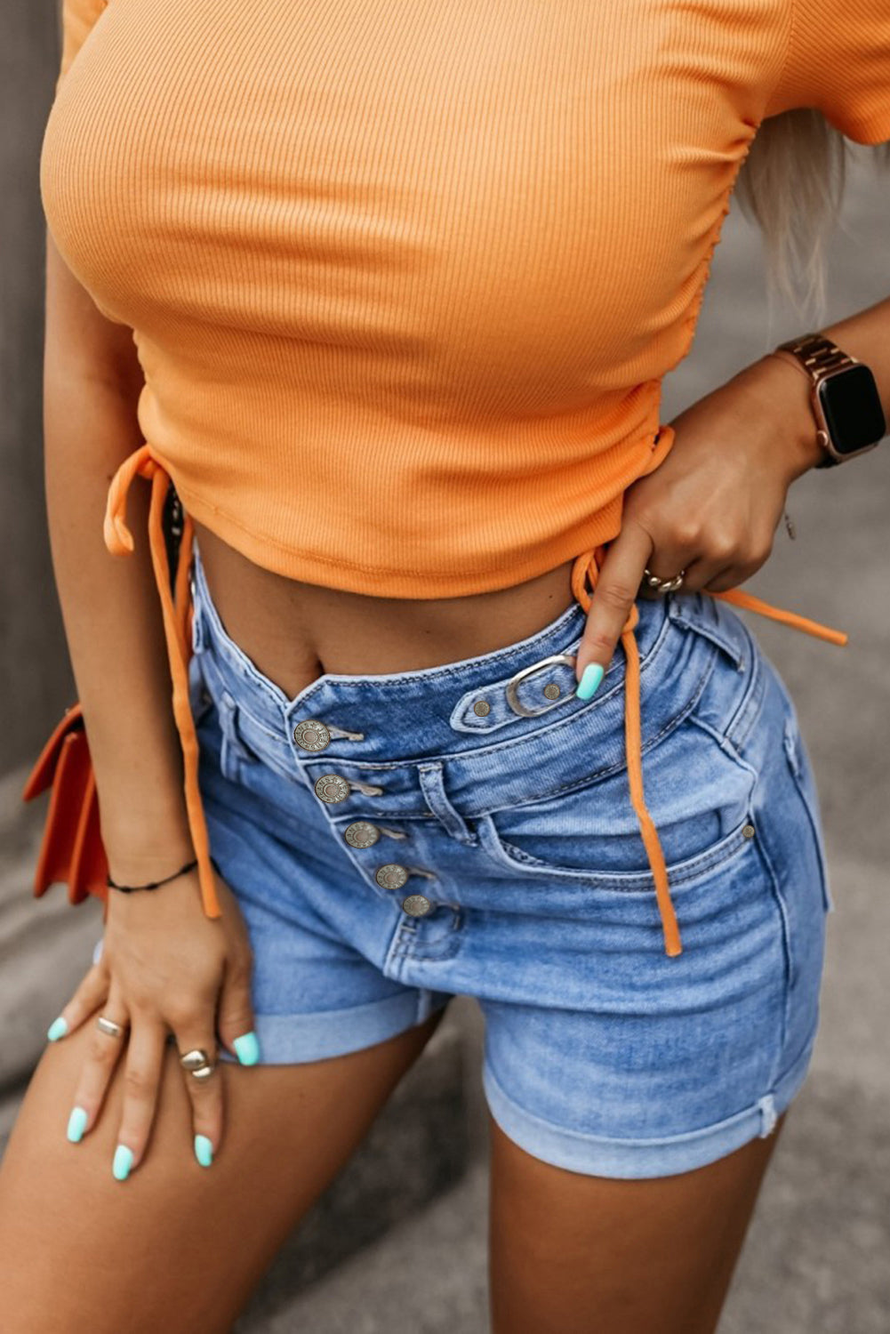 Button Fly High Waist Denim Shorts