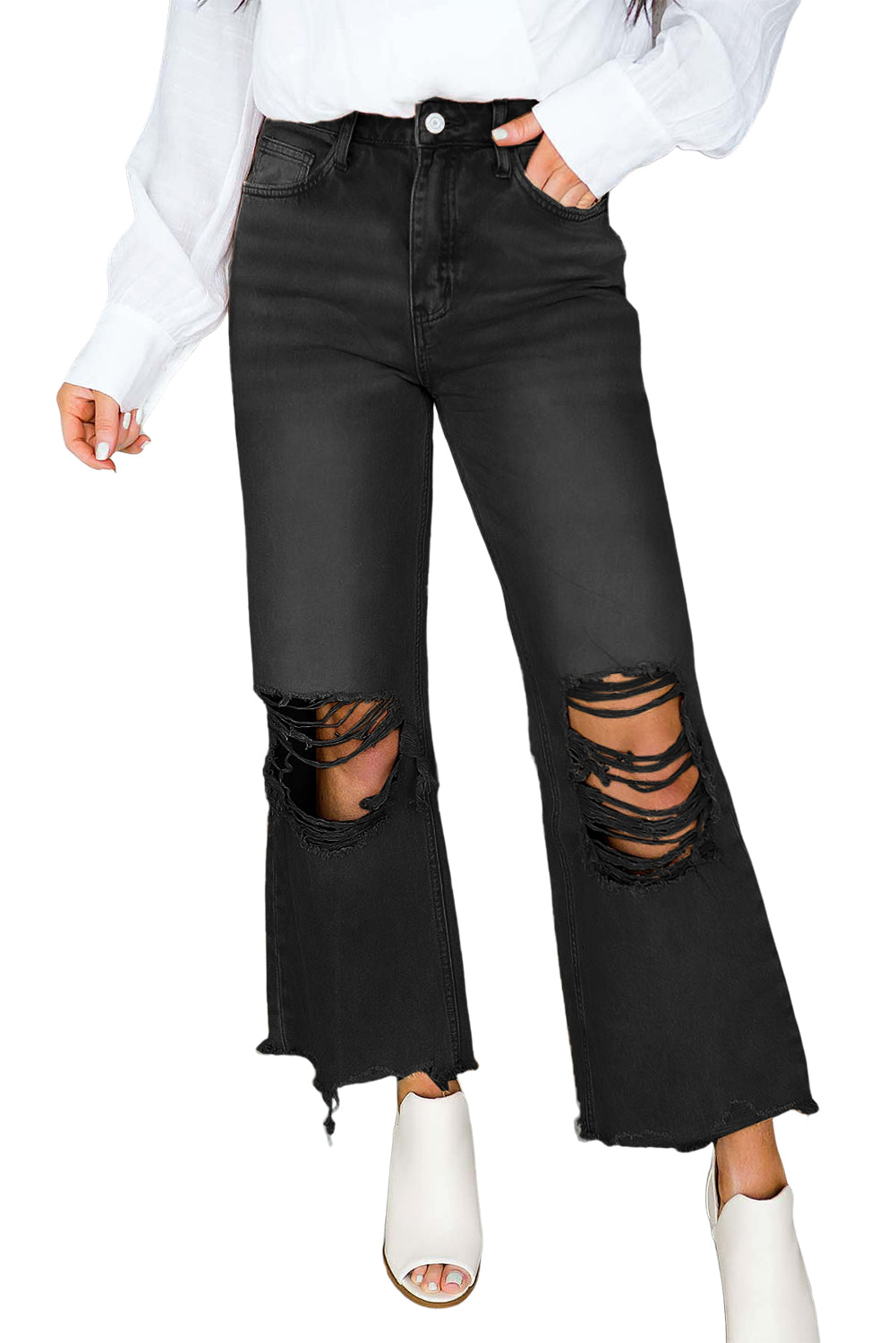 High Waist Flare Ripped Jeans