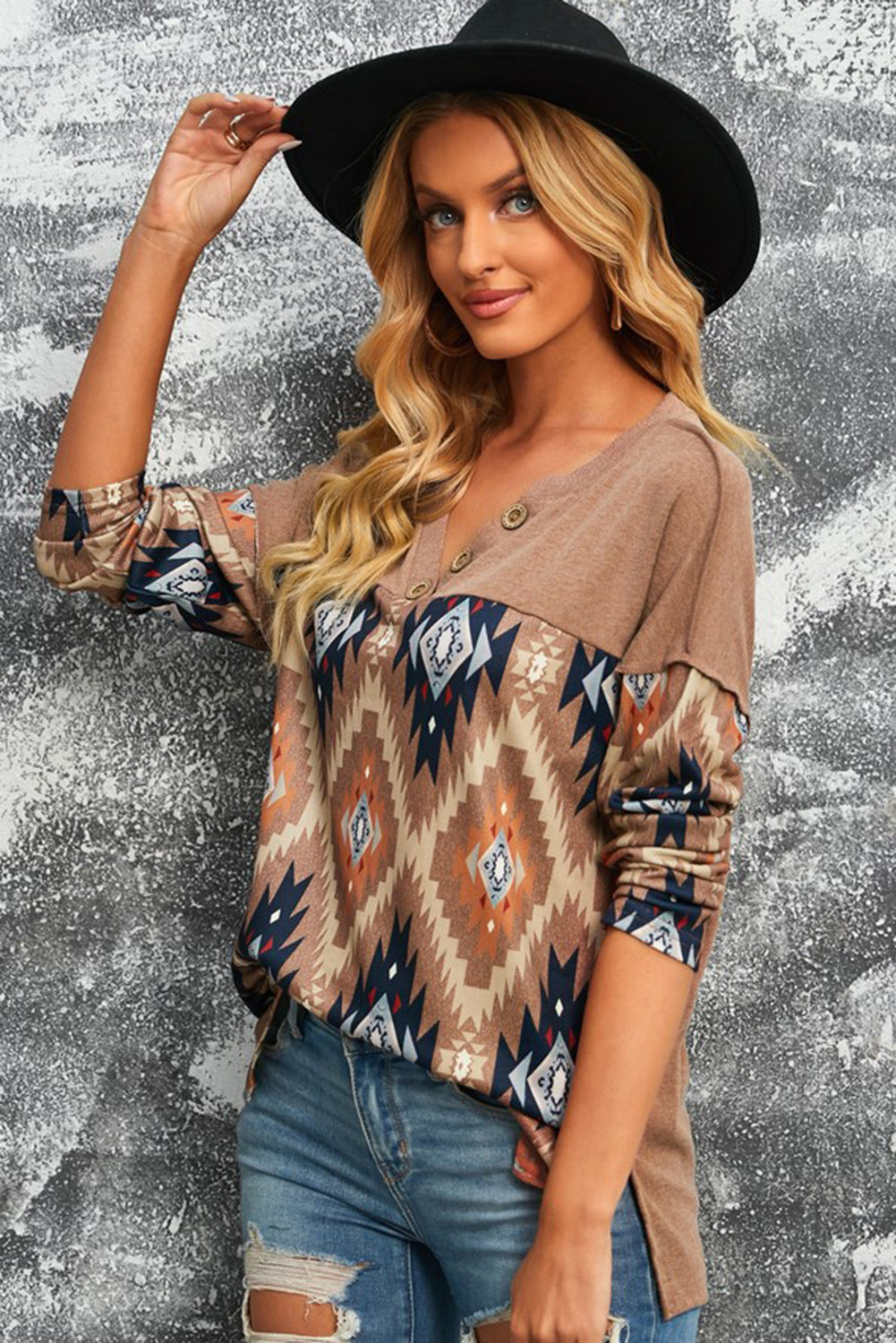 Brown Geometric Long Sleeve Top