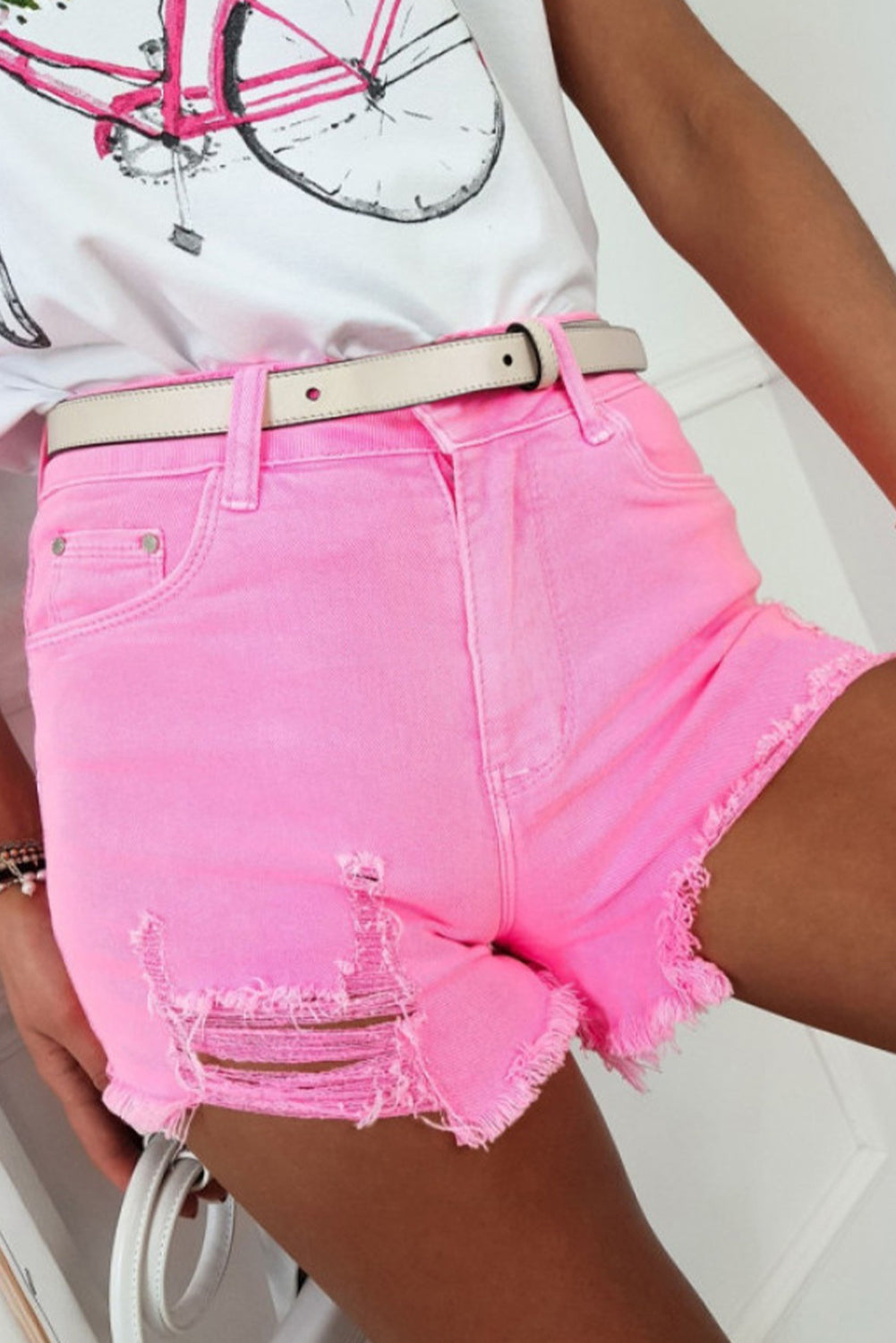 Pink Distressed Denim Shorts