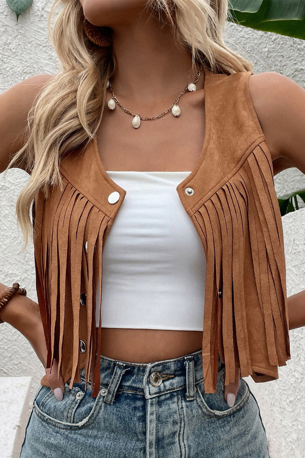 Camel Fringed Cropped Vest