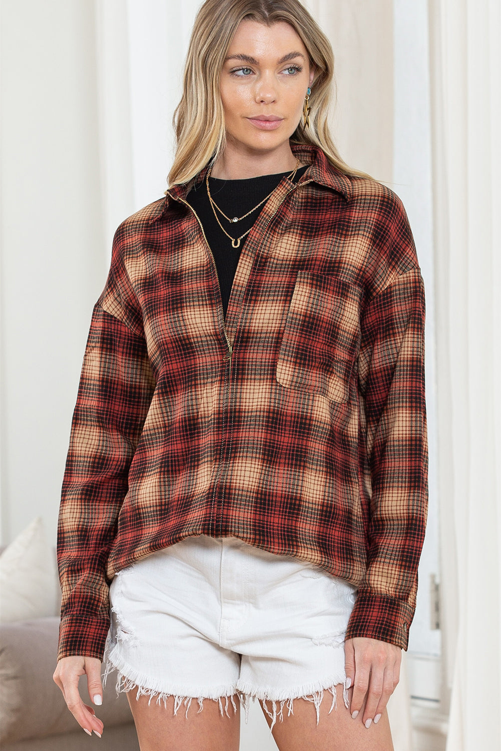 Plaid Zip Up Shirt