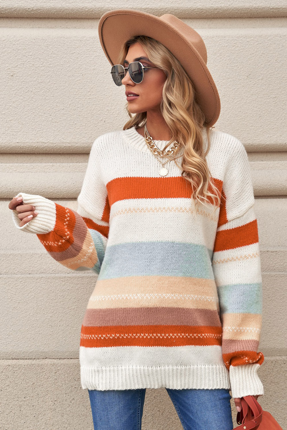 Crew Neck Drop Shoulder Knit Sweater