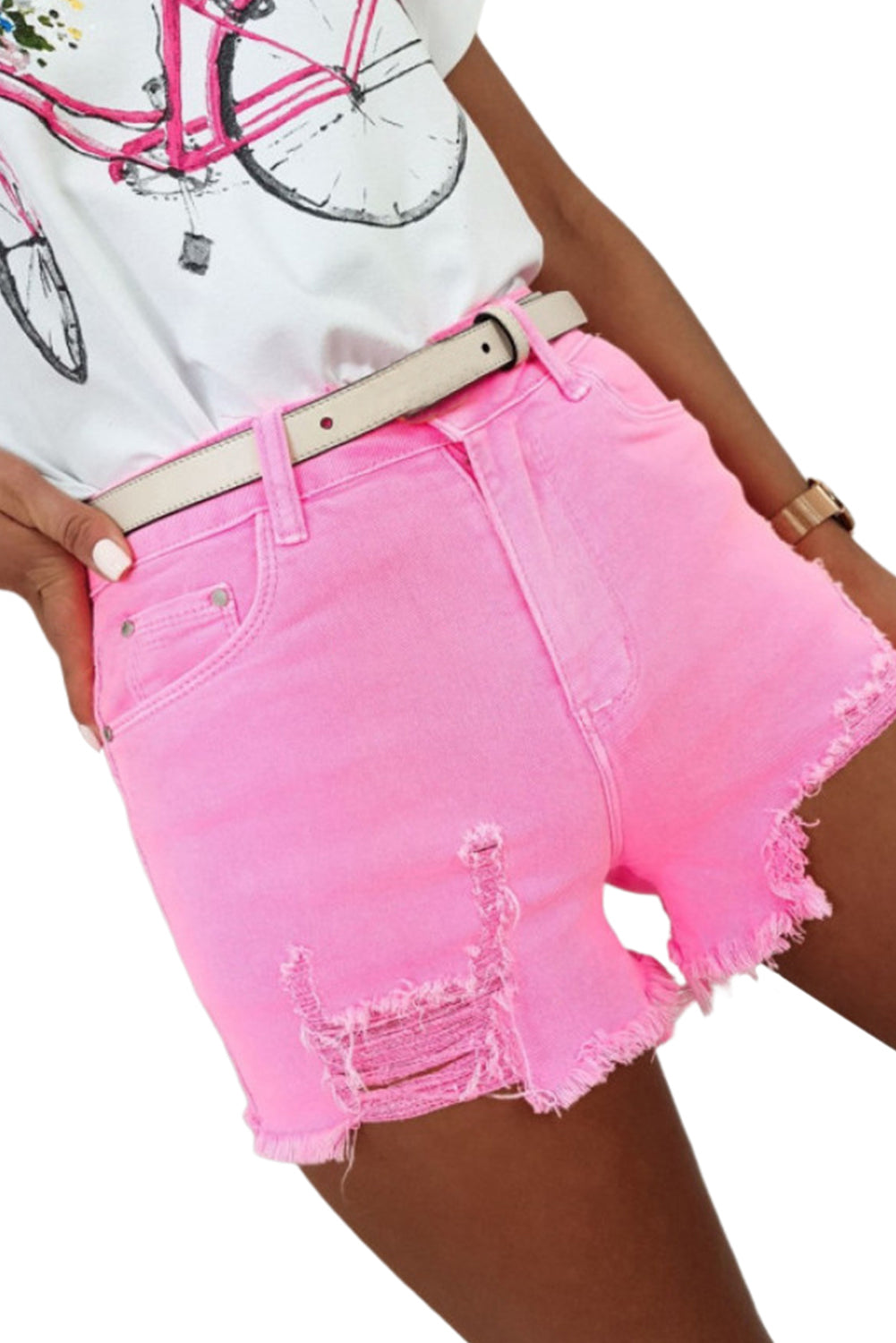 Pink Distressed Denim Shorts