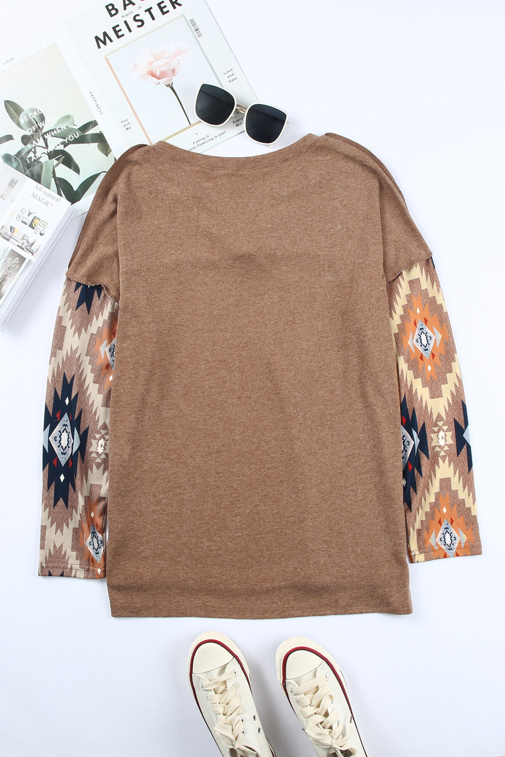 Brown Geometric Long Sleeve Top