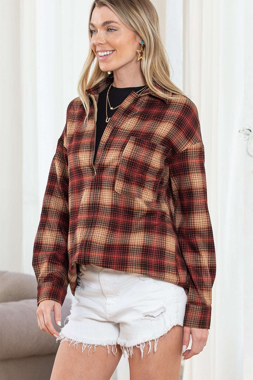 Plaid Zip Up Shirt