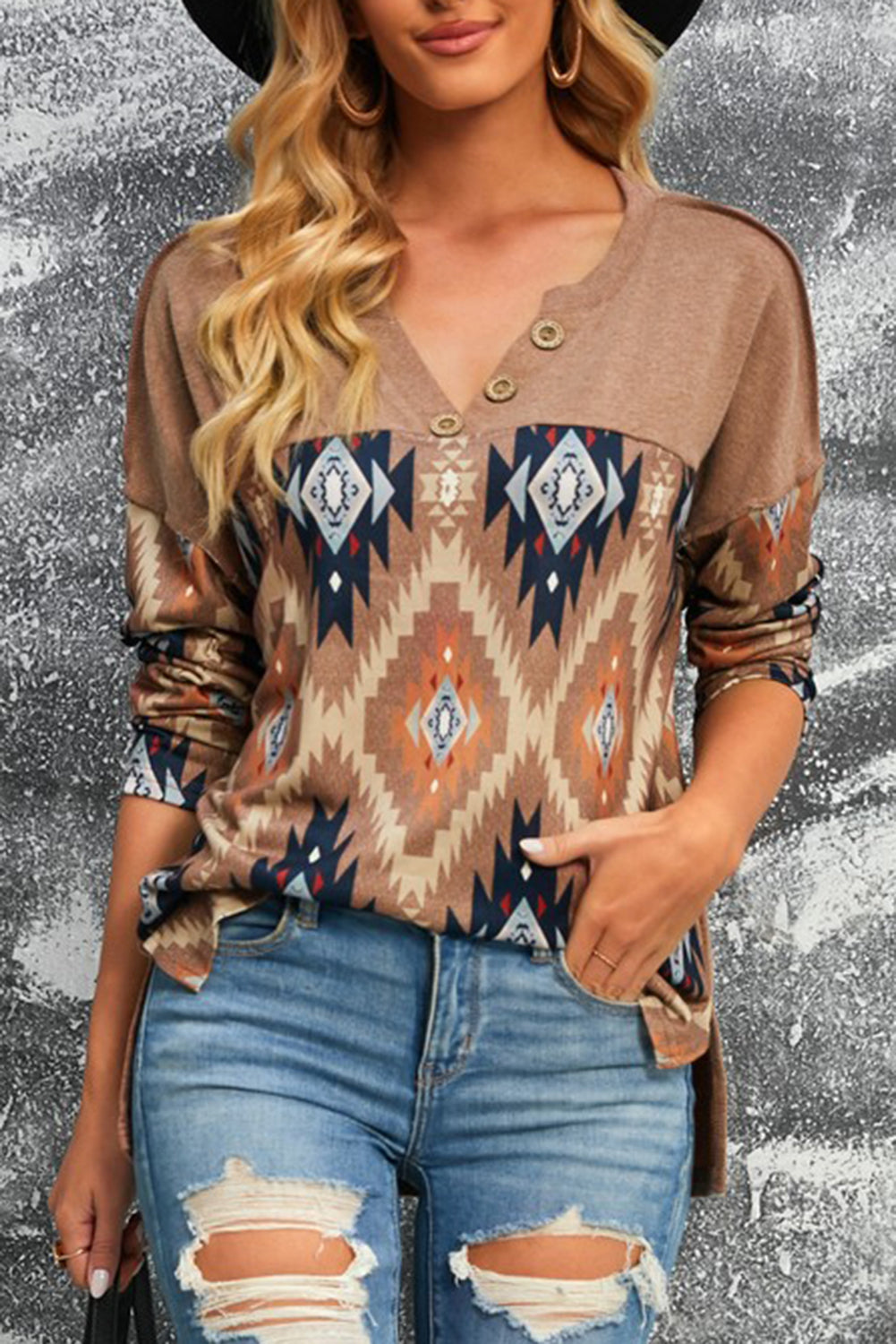 Brown Geometric Long Sleeve Top