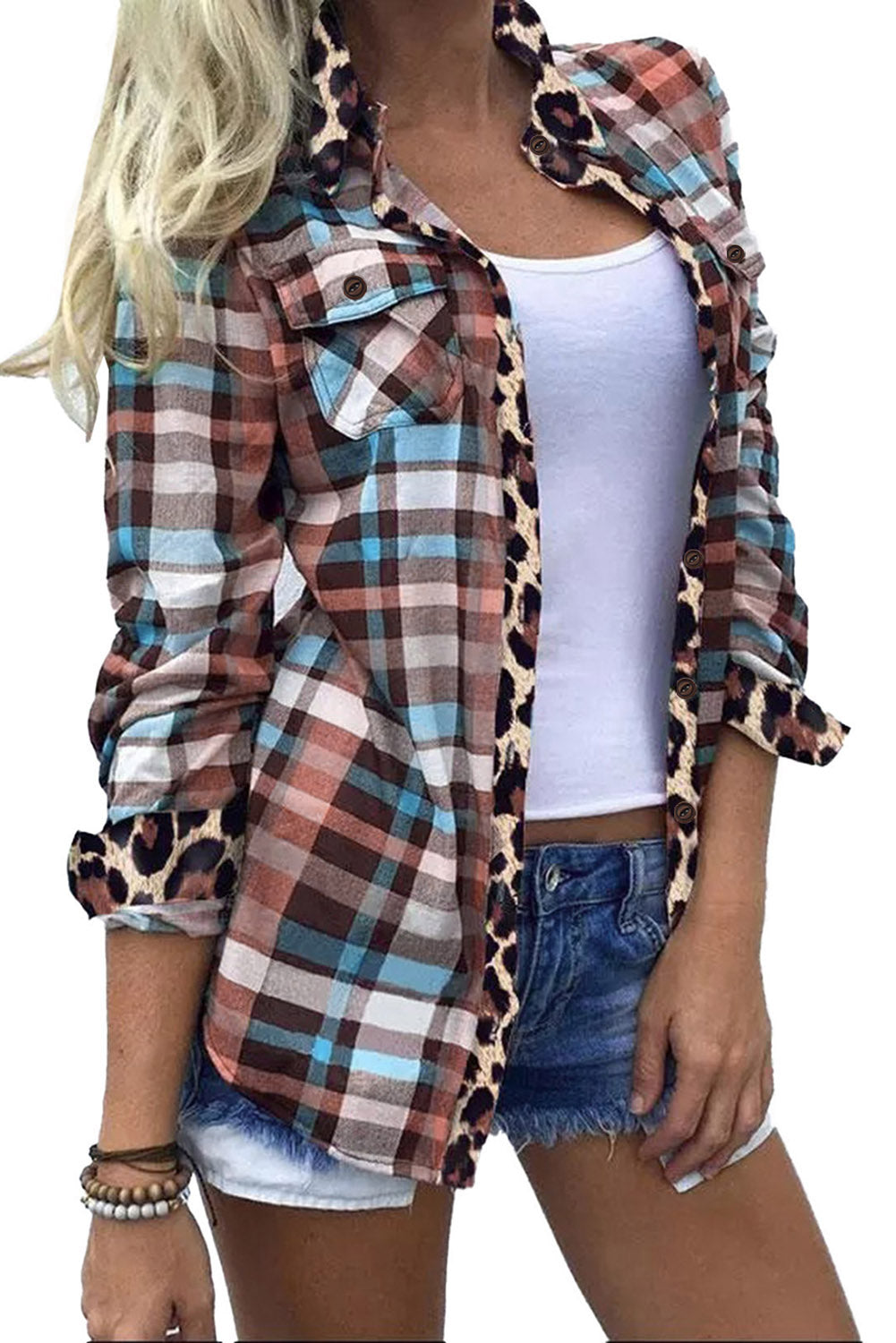 Plaid Leopard Trim Shacket