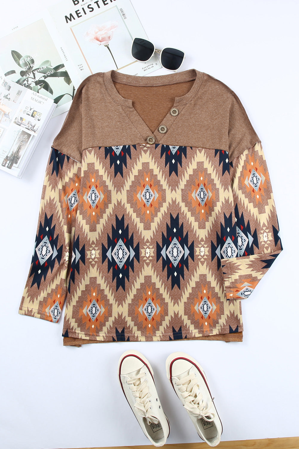 Brown Geometric Long Sleeve Top