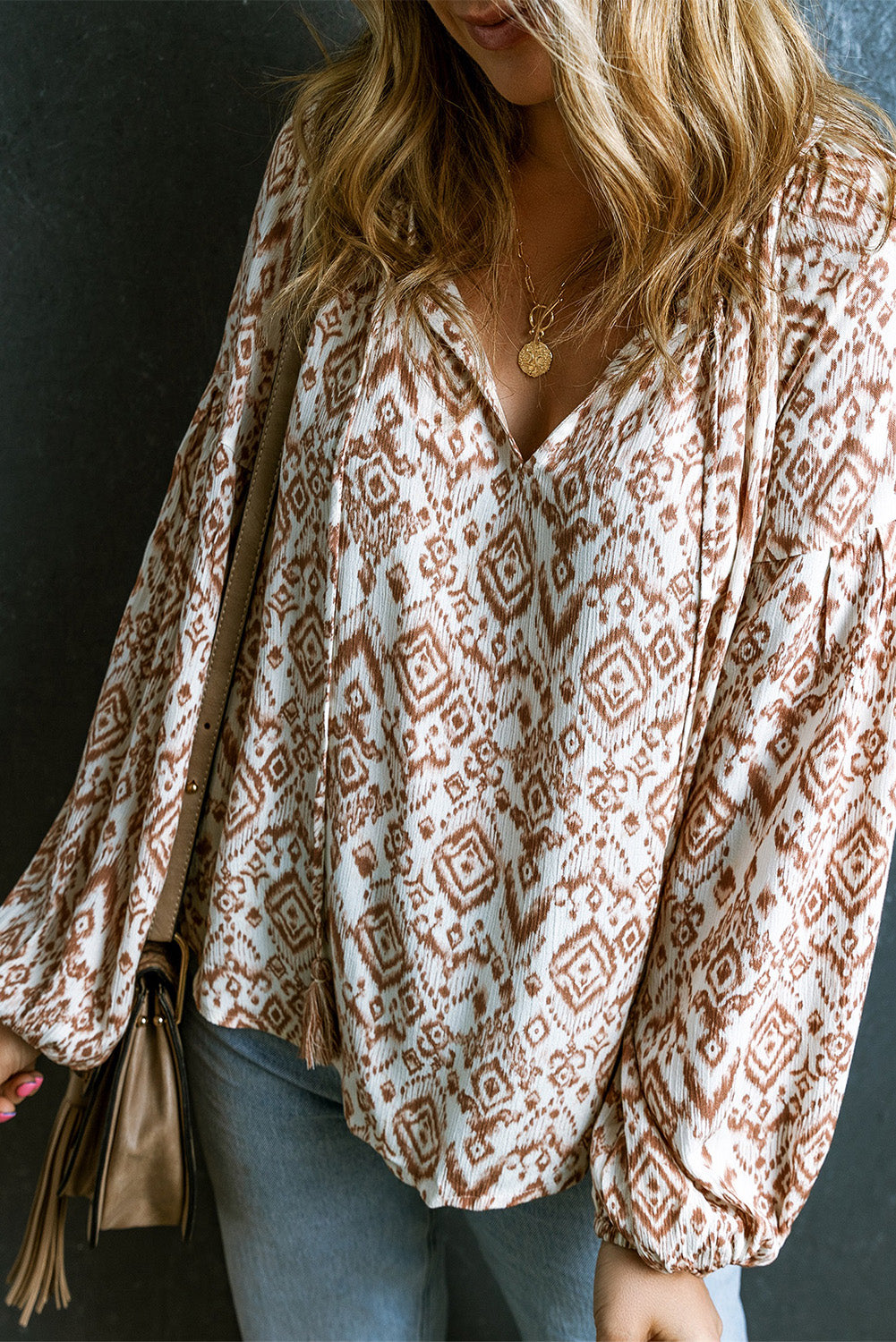 Apricot Ethnic Tassel Blouse