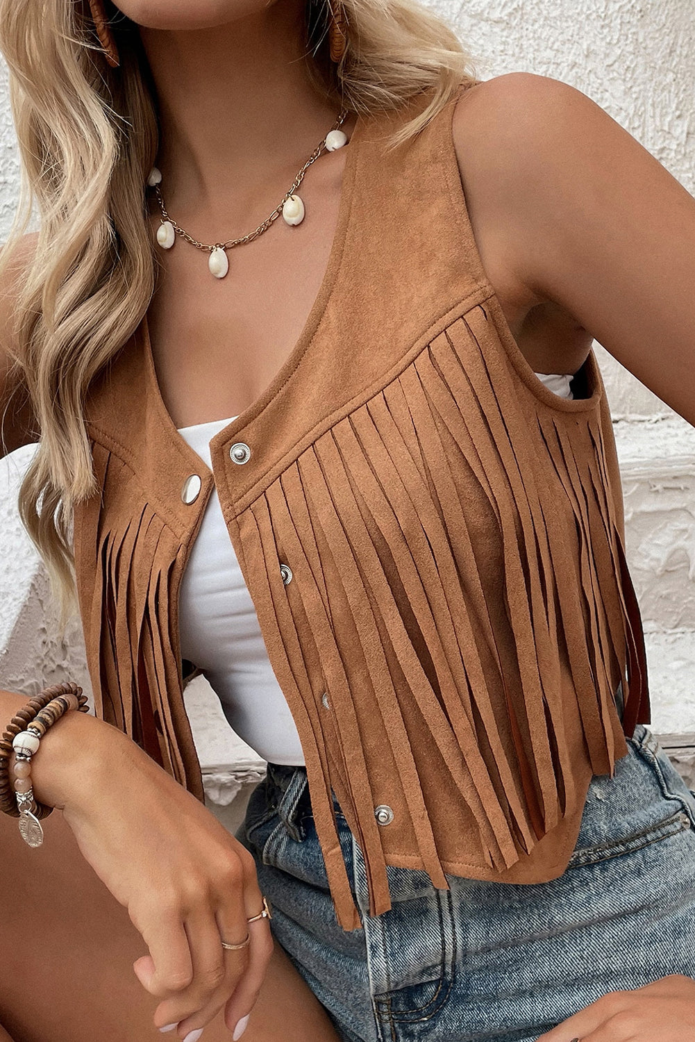 Camel Fringed Cropped Vest